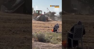 Palestinian woman watches Israeli demolition of her house