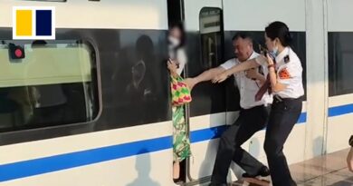 Woman getting off wrong train in China trapped by door