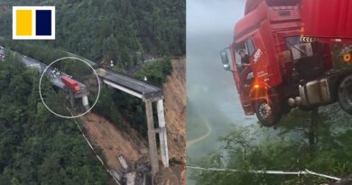 Truck driver trapped mid-air after bridge collapses amid floods in China