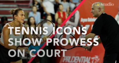 Andre Agassi and Aryna Sabalenka demonstrate power moves at Prudential NextGen Aces event