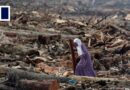 Indonesian mother and child cling to tree to survive floods